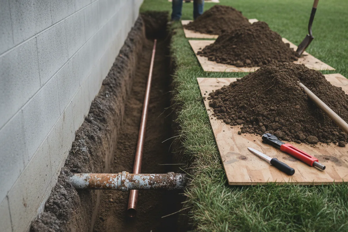 Excavated water line trench during Sewer Line Repair in Spokane